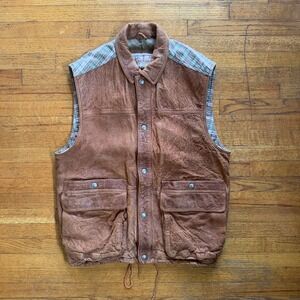 M. Julian Leather Vest Brown Plaid‎ L Motorcycle Western Outdoors Style Menswear
